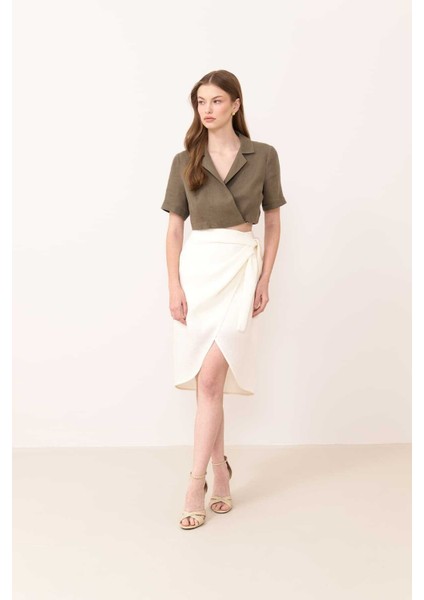 Kruvaze Görünümlü Keten Etek Bej Y2415045_024