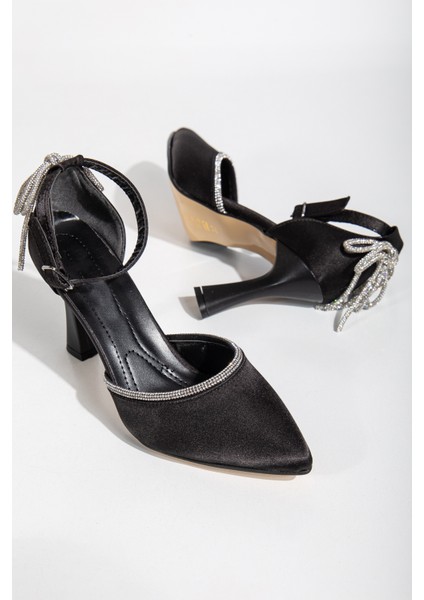 Siyah Saten Taşlı Fiyonk Detaylı Topuklu Abiye Ayakkabı fiyatları
