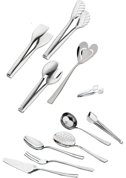 Çelik 11 Parça Spatula Kaşık Kevgir Kepçe Izgara Şeker Makarna Pasta Maşa Takımı Seti