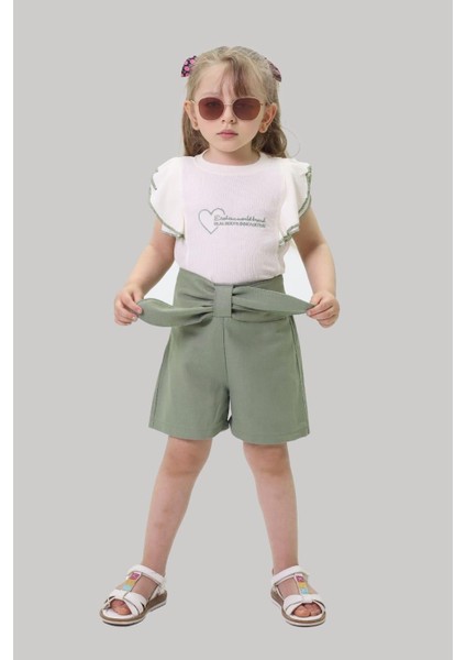 Kalp Nakış Volan Kol Detaylı 2 Li şortlu takım - Yeşil