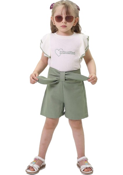 Kalp Nakış Volan Kol Detaylı 2 Li şortlu takım - Yeşil fiyatları