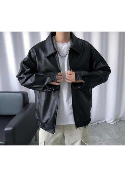 Streetwear Siyah Oversize Rahat Kesim Deri Ceket