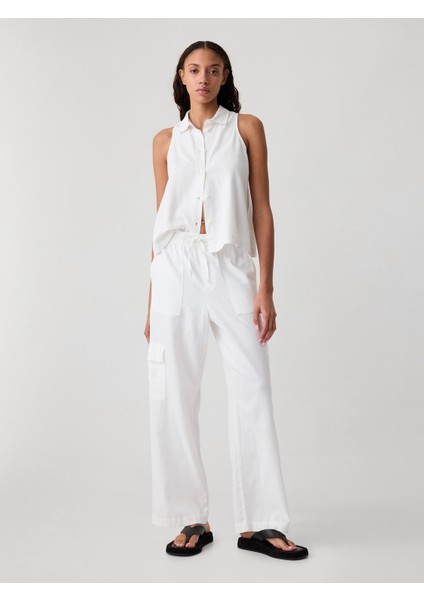 Kadın Beyaz Keten Karışımlı Wide-Leg Kargo Pull-On Pantolon