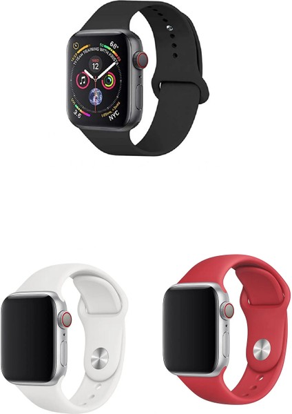 Apple Watch 3 4 5 6 7 8 9 Se Uyumlu 38-40-41MM Klasik Silikon Kordon 3'lü Set Siyah, Beyaz, Kırmızı