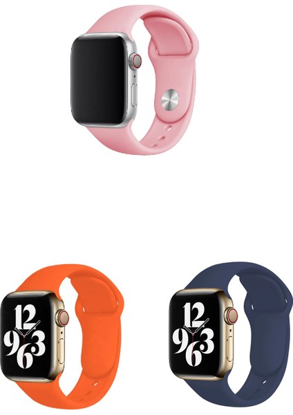 Apple Watch 3 4 5 6 7 8 9 Se Uyumlu 38-40-41MM Klasik Silikon Kordon 3'lü Set Lacivert, Pembe, Turuncu