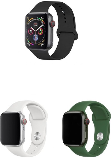 Apple Watch 8 Uyumlu 41MM Klasik Silikon Kordon 3'lü Set Siyah, Beyaz, Yeşil