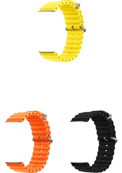 Apple Watch 9 Uyumlu 41MM Ocean Silikon Kordon 3'lü Set Turuncu, Siyah, Sarı