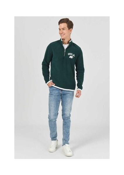 CORNING Yeşil Yarım Fermuarlı Nakışlı Polar Standard Fit Erkek Sweatshirt