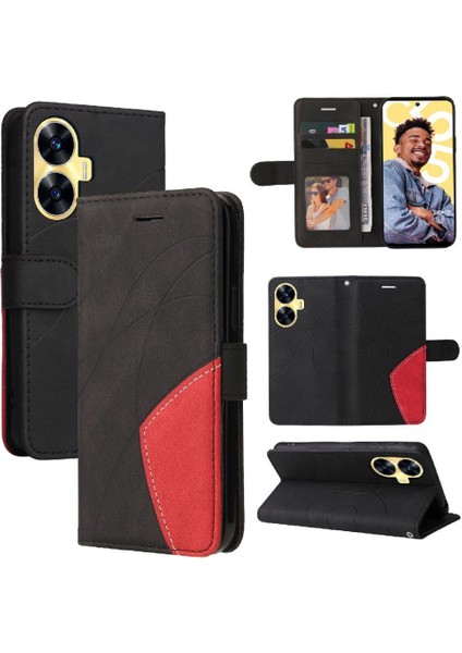 Realme C55 4g Iki Renkli Dikiş Kickstand Koruyucu Pu Deri (Yurt Dışından)