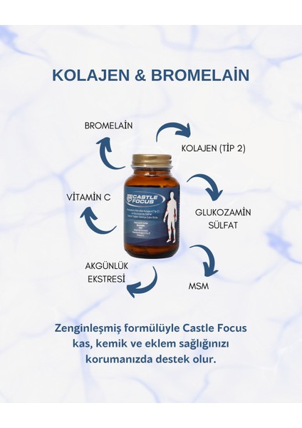 Castle Focus 60 Tablet  Bromelain, Hidrolize Kollajen ( Tip2 ), Glukozamin Sülfat İçeren Takviye  Edici Gıda