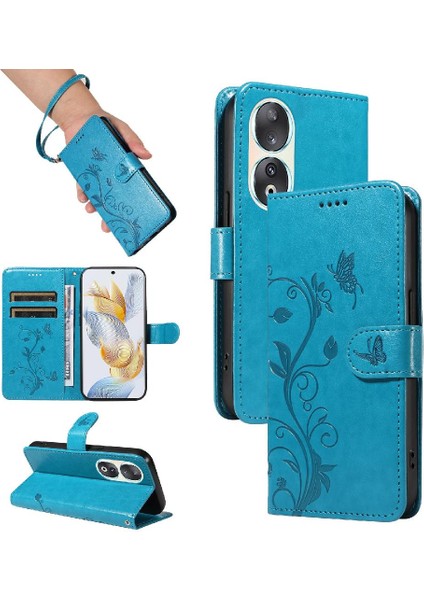 El Kayışı Cüzdan Telefon Kılıfı Kabartmalı Kelebek ile Onur 90 Pro Için Kılıf (Yurt Dışından)