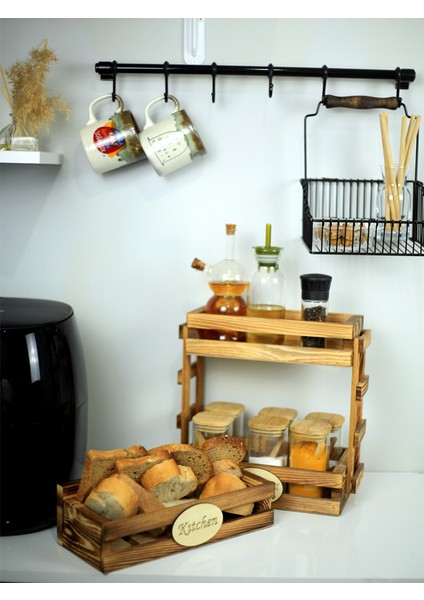 Ahşap Baharatlık ve Ekmeklik 2li Set Doğal Yakma Ahşap