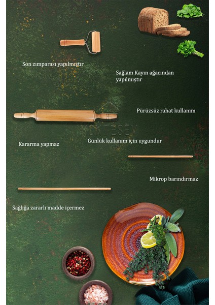 Zümrüt Serisi Dönerli Ahşap Hamur Açma Oklavası Merdanesi Rulosu 4 Lü Set Zmrset10
