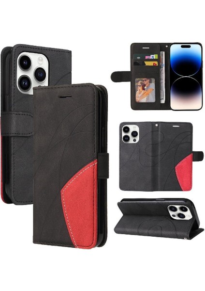 IPhone 15 Için Kılıf Pro Iki Renkli Dikiş Pu Deri Flip Folio Kılıf ile (Yurt Dışından)