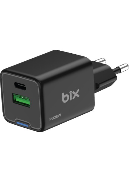 BX2P30G Gan Pd 30W Type-C ve Usb-A Qc 18W Çift Portlu Akım Korumalı Mini Hızlı Şarj Cihazı Siyah