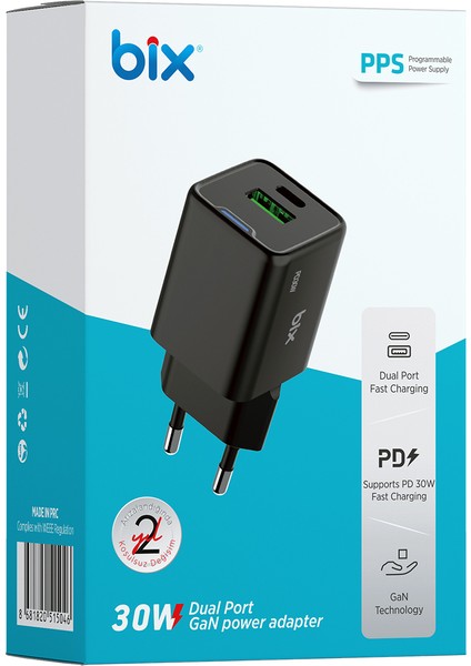 BX2P30G Gan Pd 30W Type-C ve Usb-A Qc 18W Çift Portlu Akım Korumalı Mini Hızlı Şarj Cihazı Siyah