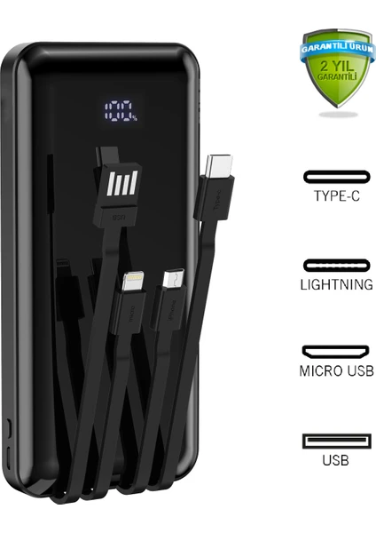 10000 Mah Dijital Göstergeli Dahili Kablolu Powerbank 10000 Mah Powerbank Lightning - Type C - USB - Micro USB Dahili Kablolu Powerbank Bpb3