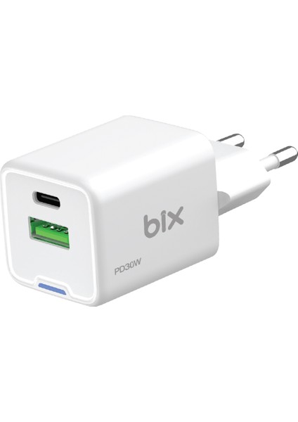 BX2P30G Gan Pd 30W Type-C ve Usb-A Qc 18W Çift Portlu Akım Korumalı Mini Hızlı Şarj Cihazı Beyaz