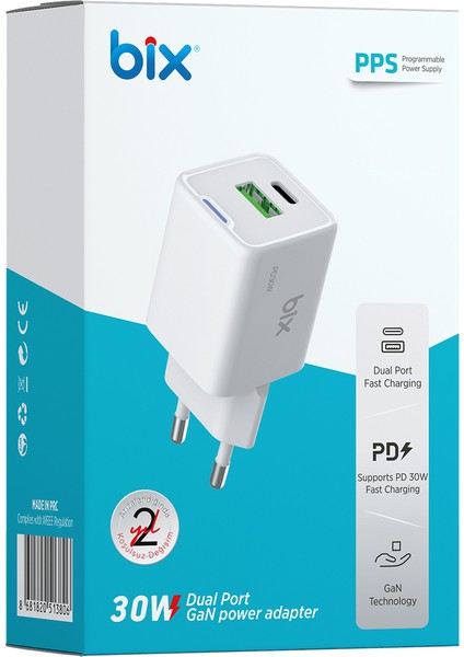 BX2P30G Gan Pd 30W Type-C ve Usb-A Qc 18W Çift Portlu Akım Korumalı Mini Hızlı Şarj Cihazı Beyaz
