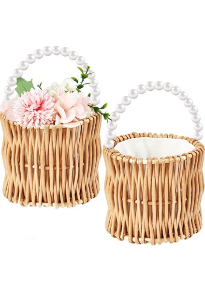 2 Adet Hasır Düğün Çiçek Kız Sepetleri Inci Hasır Rattan El Dokuma Sepet Hasır Sepet Saplı Saman (Yurt Dışından)