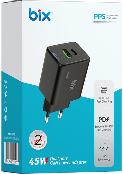 BX2P46G Gan Pd 45W Type-C ve Usb-A Qc 18W Çift Portlu Akım Korumalı Hızlı Şarj Cihazı Siyah