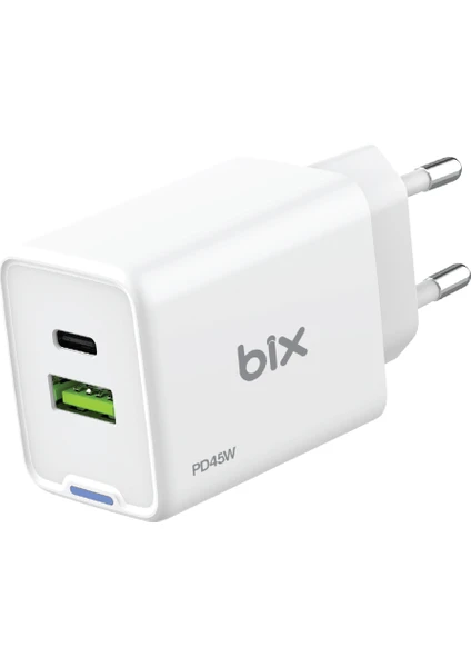 BX2P46G Gan Pd 45W Type-C ve Usb-A Qc 18W Çift Portlu Akım Korumalı Hızlı Şarj Cihazı Beyaz