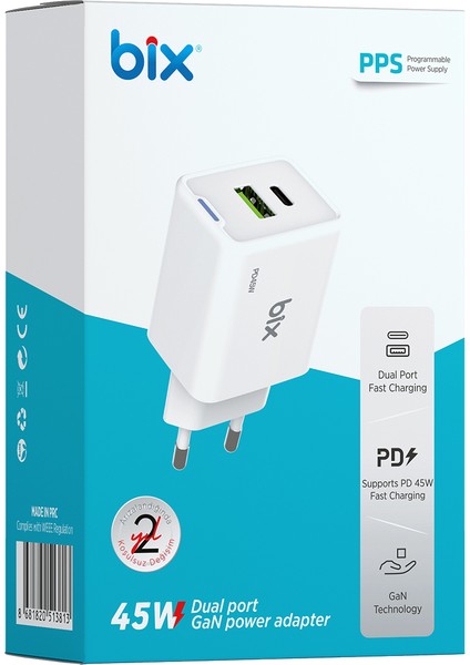 BX2P46G Gan Pd 45W Type-C ve Usb-A Qc 18W Çift Portlu Akım Korumalı Hızlı Şarj Cihazı Beyaz