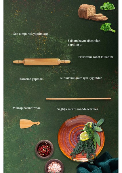 Zümrüt Serisi Ahşap Hamur Açma Oklavası Merdanesi Hamur Kesici Börek Seti 3 Lü Set Zmrset6 fırsatları