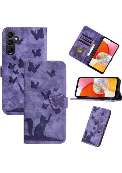 Samsung Galaxy A24 4g Kart Cep Kabartmalı Kelebek Kedi Cüzdan (Yurt Dışından)