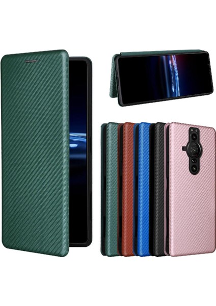 Sony Xperia Pro-I Deri Folio Flip Case Için Kılıf Manyetik Karbon Fiber (Yurt Dışından)