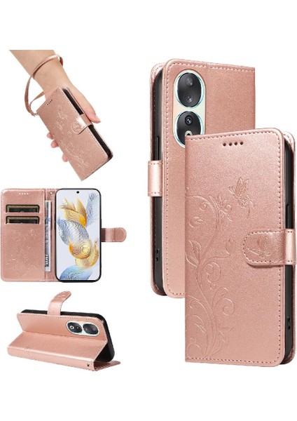 El Kayışı Cüzdan Telefon Kılıfı Kabartmalı Kelebek ile Onur 90 Pro Için Kılıf (Yurt Dışından)