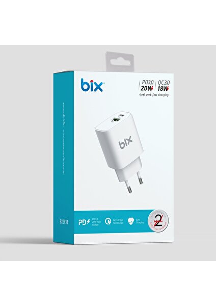 BX2P38 Çift Portlu 20W PD Typ-C + USB-A 18W QC Girişli Hızlı Şarj Adaptörü