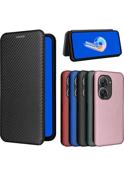 Manyi Mall Asus Zenfone 9 Için Kılıf Deri Folio Flip Case Manyetik Karbon Fiber (Yurt Dışından)