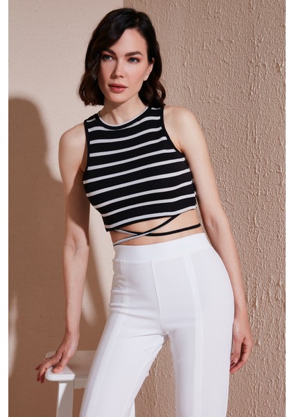 Çizgili Slim Fit Bağlama Detaylı Crop Bayan Crop 5865715