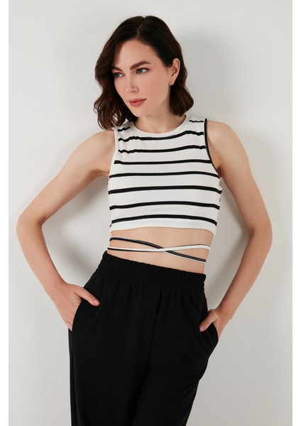 Çizgili Slim Fit Bağlama Detaylı Crop Bayan Crop 5865715