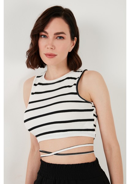 Çizgili Slim Fit Bağlama Detaylı Crop Bayan Crop 5865715