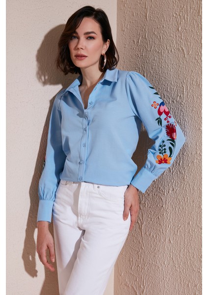 Balon Kollu Çiçek Nakışlı Gömlek Bayan 611GO003