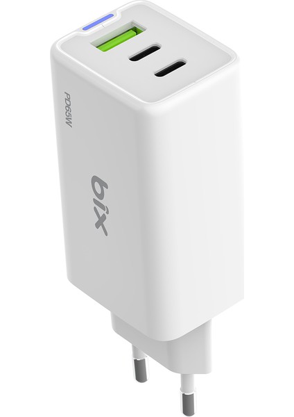 BX3P66G Gan 65W 2*type-C Pd 3.0 ve Usb-A Qc Üç Portlu Hızlı Şarj Cihazı Beyaz
