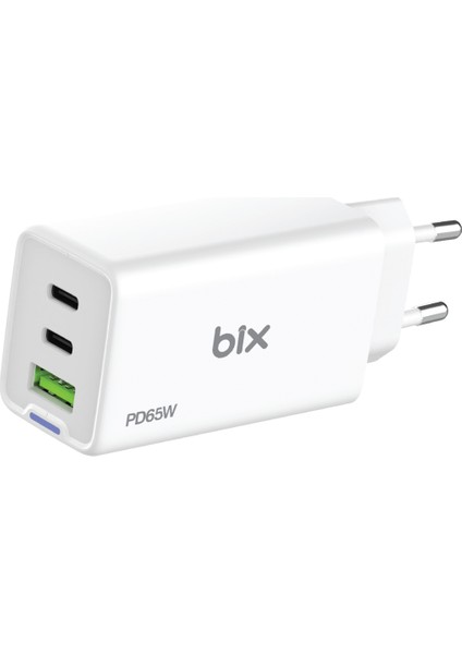 BX3P66G Gan 65W 2*type-C Pd 3.0 ve Usb-A Qc Üç Portlu Hızlı Şarj Cihazı Beyaz