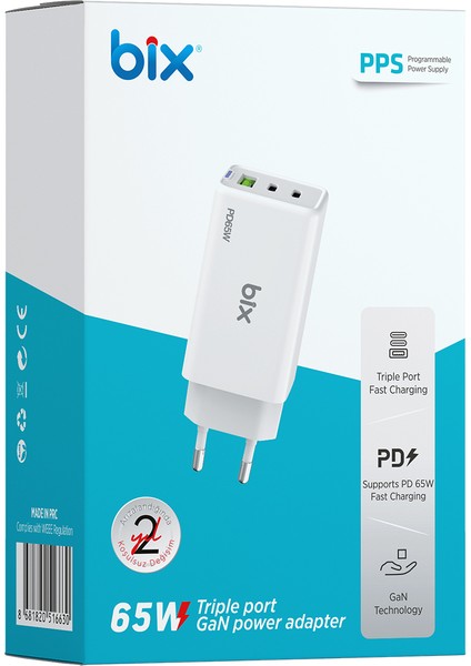 BX3P66G Gan 65W 2*type-C Pd 3.0 ve Usb-A Qc Üç Portlu Hızlı Şarj Cihazı Beyaz