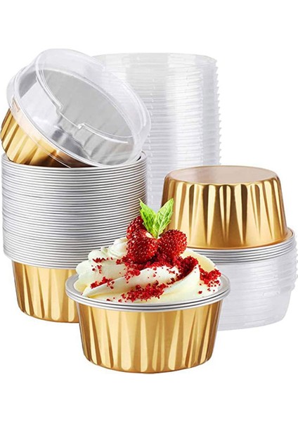 Kapaklı Tatlı Bardakları, 50 Paket Altın Alüminyum Folyo Pişirme Bardak Tutucuları, Cupcake Fırında Yardımcı Ramekin Şeffaf Puding Bardakları (Yurt Dışından) fırsatları