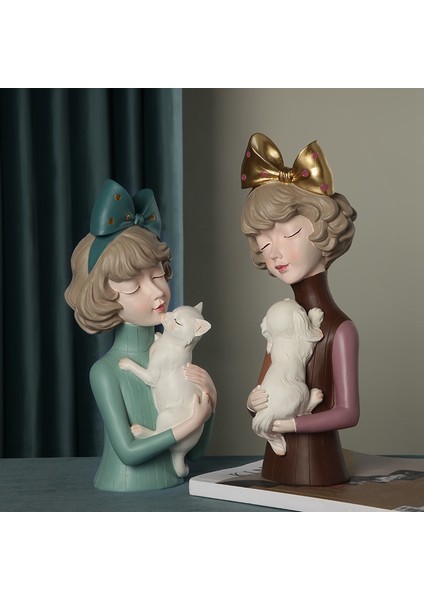 Reçine Ilmek Kız Kedi Heykeli ile Iskandinav Kız Figürleri Süsler Masaüstü Heykel Odası Dekor Için-Kahverengi (Yurt Dışından) fiyatları