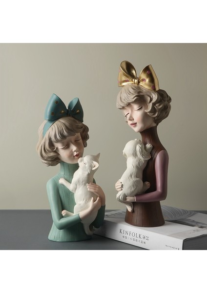 Reçine Ilmek Kız Kedi Heykeli ile Iskandinav Kız Figürleri Süsler Masaüstü Heykel Odası Dekor Için-Kahverengi (Yurt Dışından) modelleri