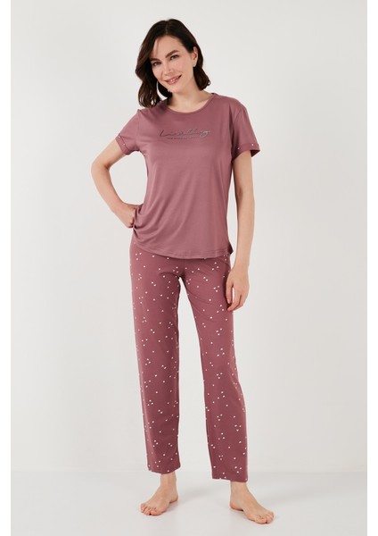 Yumuşak Dokulu Bisiklet Yaka Pijama Takımı Bayan Pijama Takımı 6097605