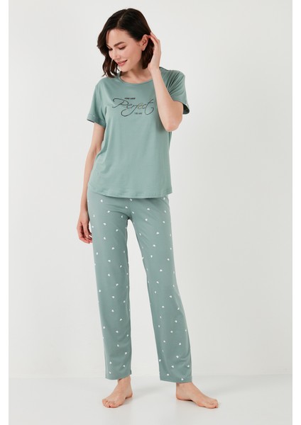 Yumuşak Dokulu Bisiklet Yaka Pijama Takımı Bayan Pijama Takımı 6097605