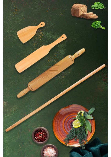 Zümrüt Serisi Ahşap Hamur Açma Oklavası Merdanesi Börek Seti 4 Lü Set Zmrset8