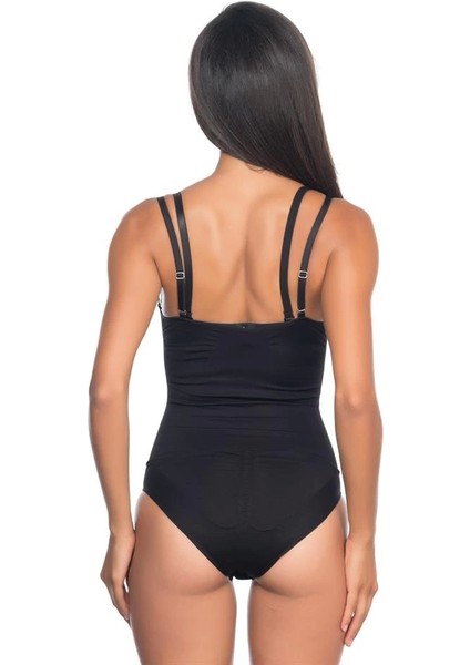 Siyah Emay 2073 Ince Göğüsü Açık Desenli Body Korse