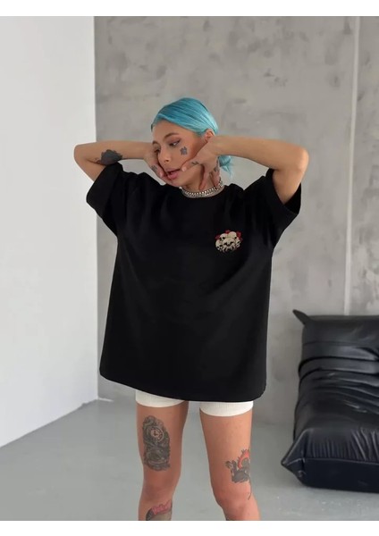 Stil Aura Unisex Bisiklet Yaka Baskılı Oversize T-Shirt - Siyah