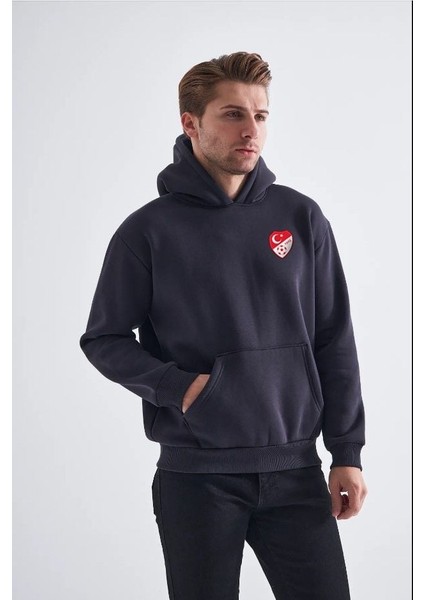 Sweatshirt, Füme Kapüşonlu, Içi Polarlı, Üç Iplik Tff M