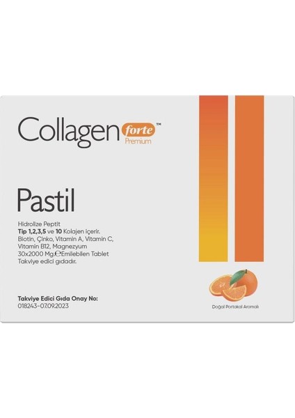 Collagen Forte Platinum 5 Tip Kolajen Pastil 2000MG x 30 Emilebilen Tablet, Biotin, Vitamin A, C, B12, Portakal Aromalı